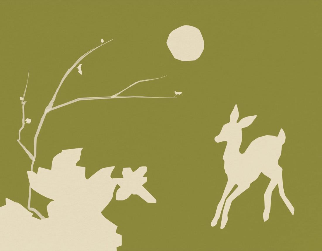 Illustration of a fawn beneath a moon on a green field