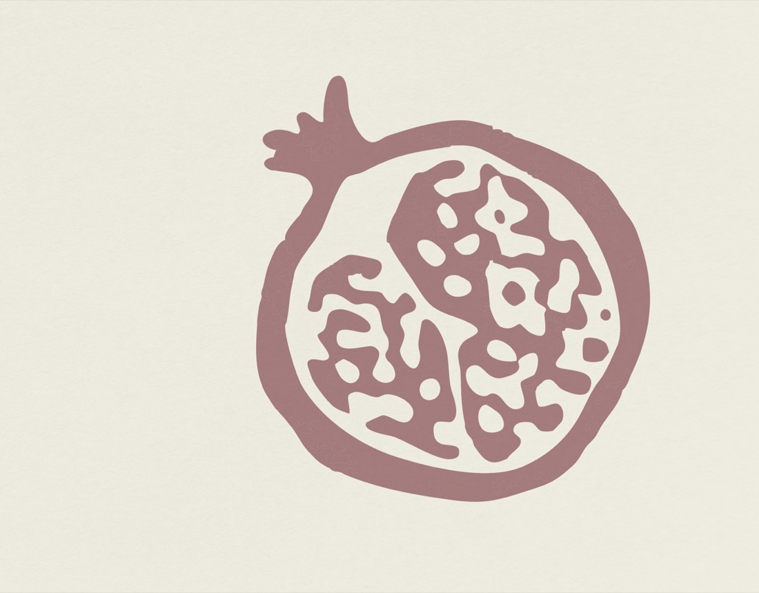 Illustration of a pomegranate cross-section in plum on cream