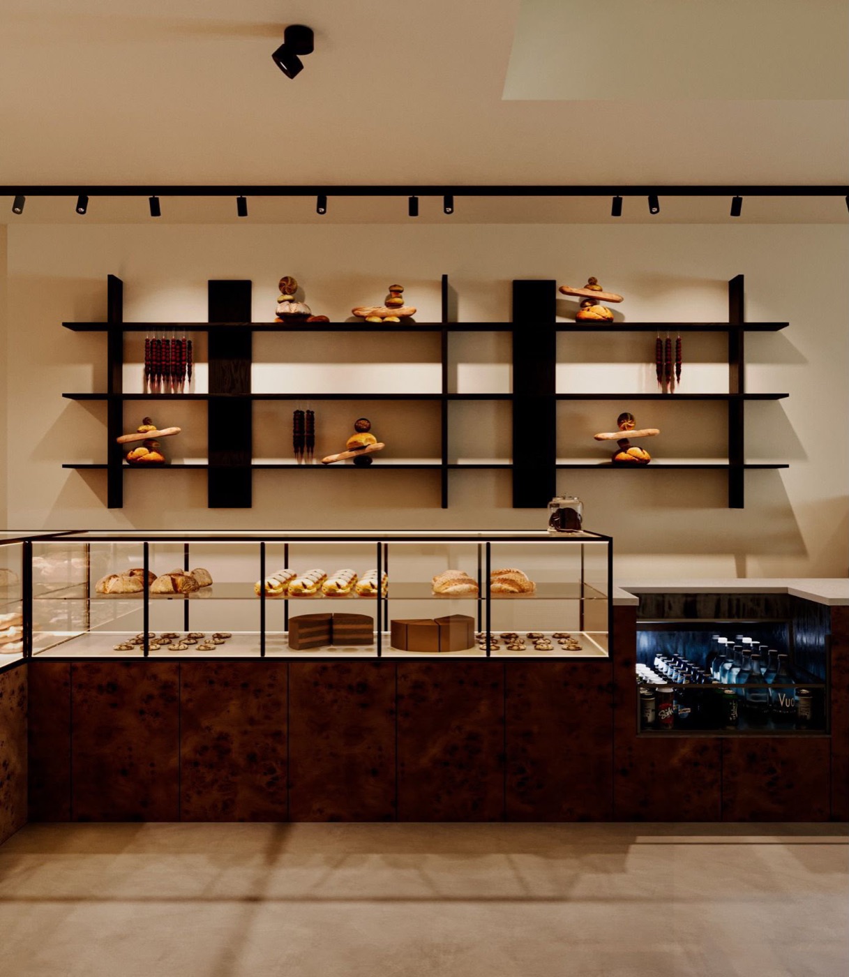 Bakery counter in burl wood with pastries and open shelving