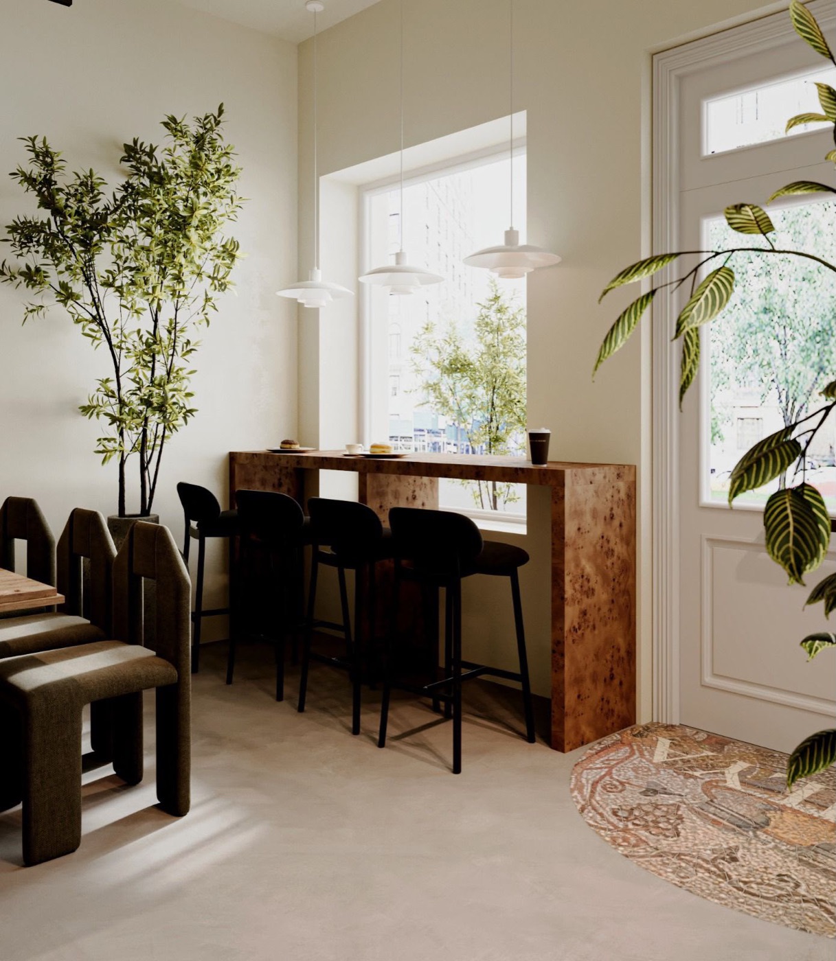 Sunlit café corner with olive trees and a high counter