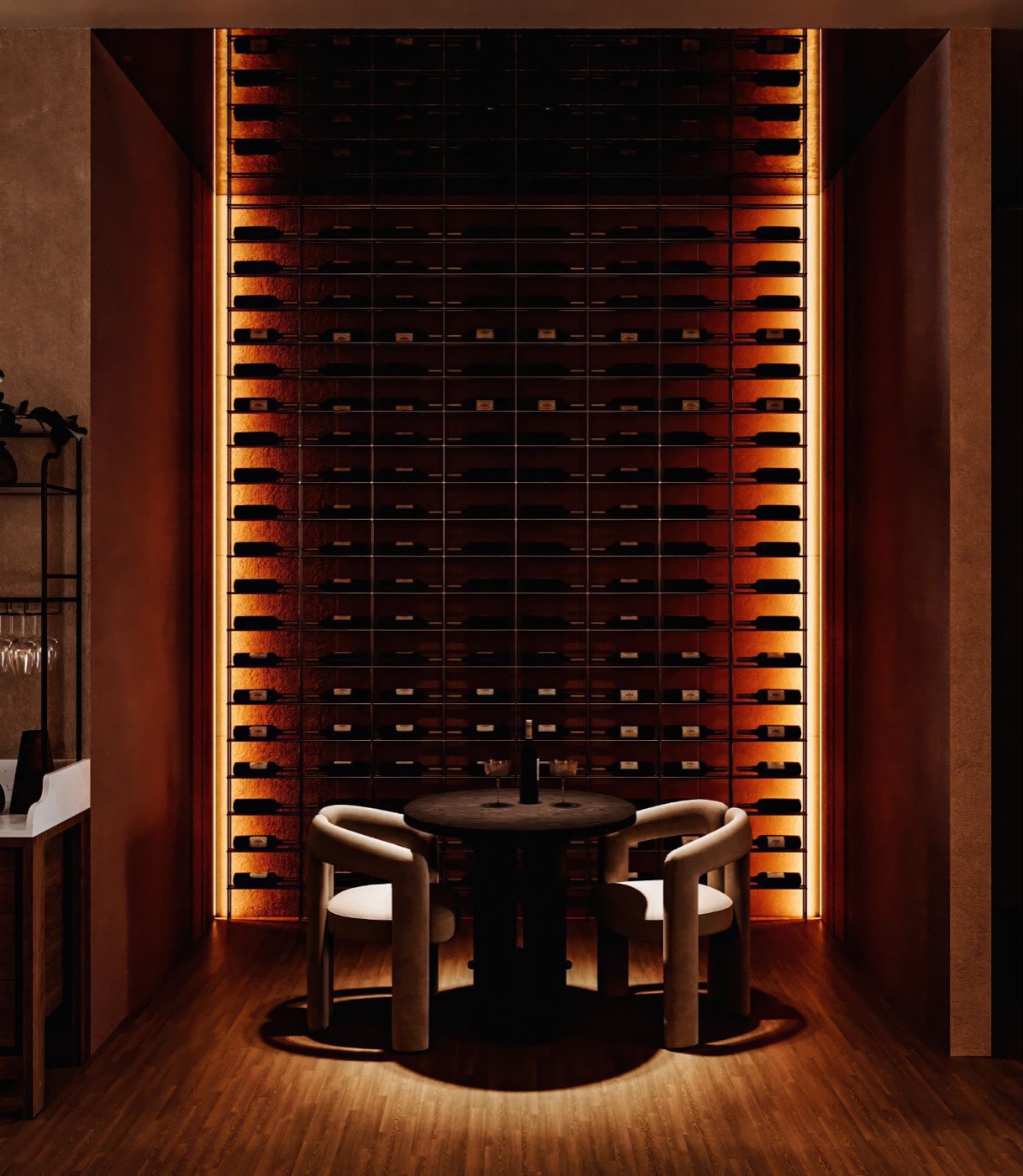 Illuminated wine wall with an intimate table for two