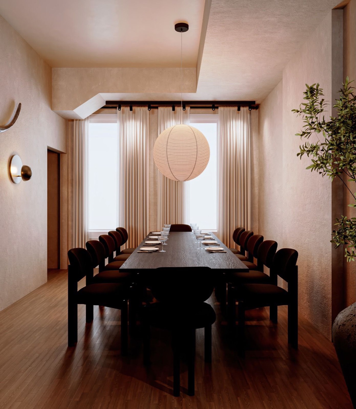 Private dining room with a long dark table and paper lantern