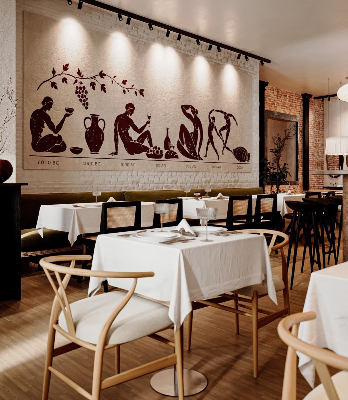 Dining room wall mural charting 8,000 years of Georgian winemaking